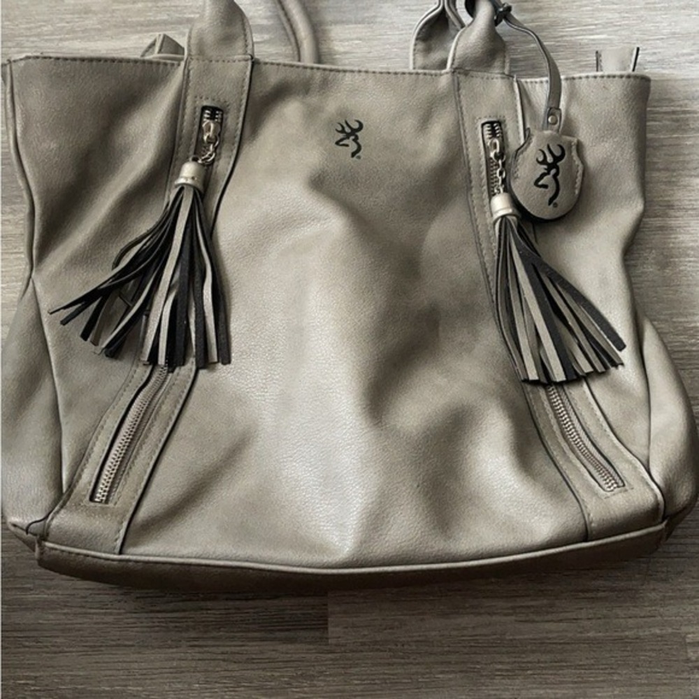 Browning Grey Faux Leather Tote Bag With Tassel Accents